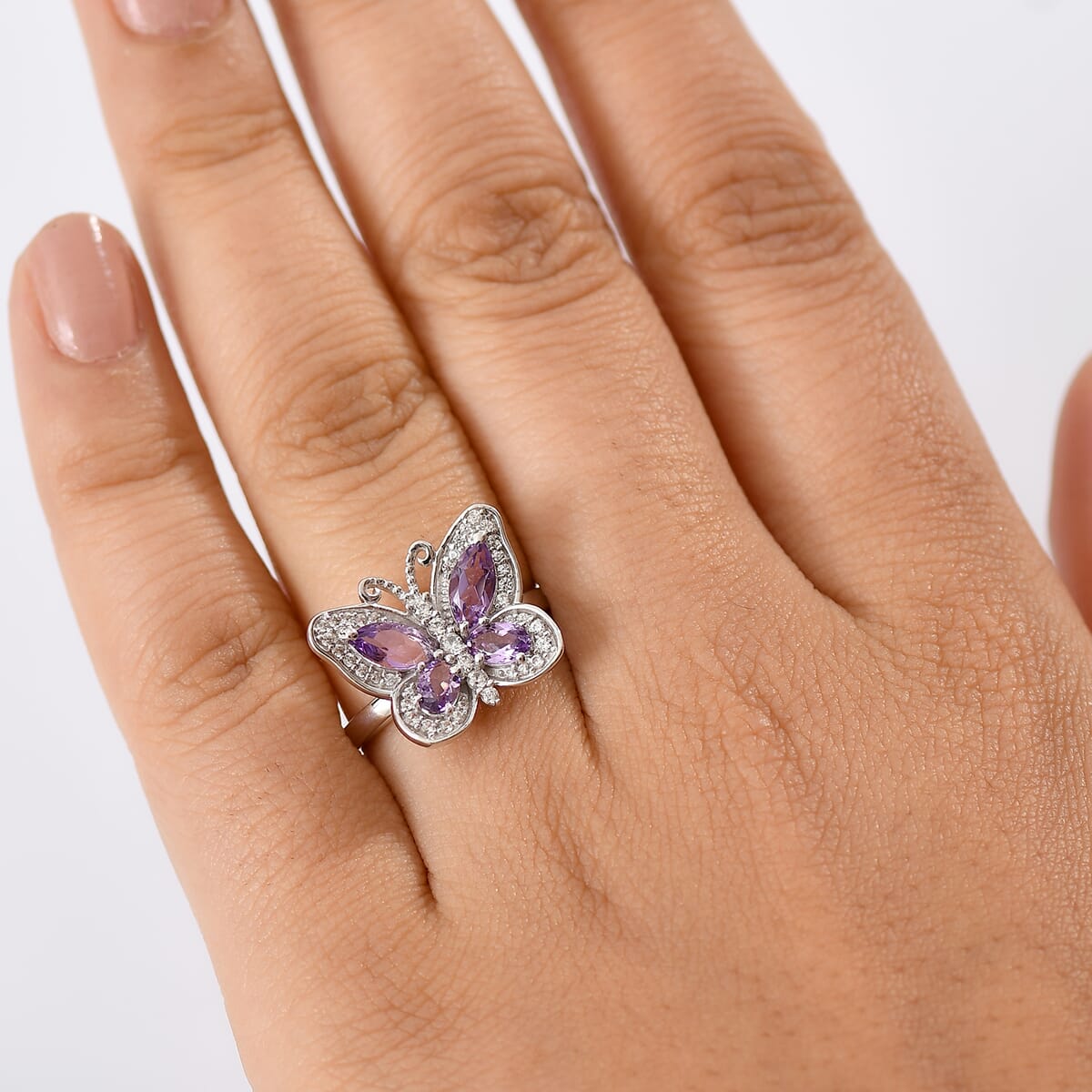 D'Joy Rose De France Amethyst and White Zircon 1.50 ctw Butterfly Ring in Platinum Over Sterling Silver (Size 10.0) image number 2