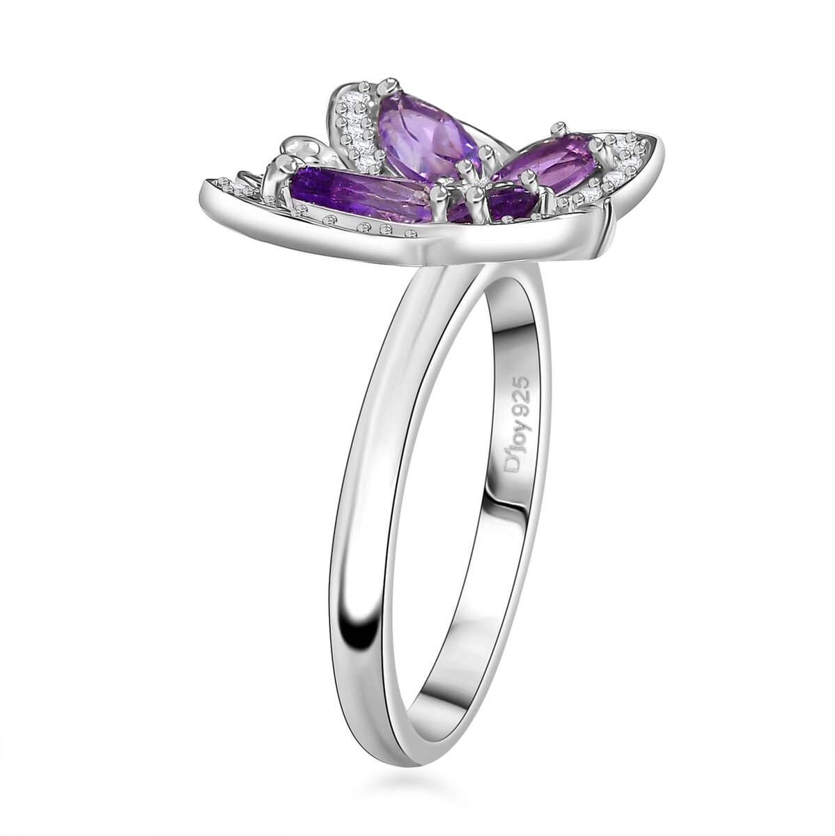 D'Joy Rose De France Amethyst and White Zircon 1.50 ctw Butterfly Ring in Platinum Over Sterling Silver (Size 10.0) image number 3