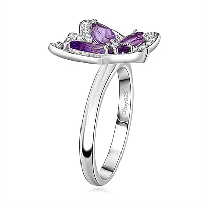 D'Joy Rose De France Amethyst and White Zircon 1.50 ctw Butterfly Ring in Platinum Over Sterling Silver (Size 10.0)