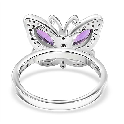 D'Joy Rose De France Amethyst and White Zircon 1.50 ctw Butterfly Ring in Platinum Over Sterling Silver (Size 10.0)