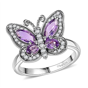 D'Joy Rose De France Amethyst and White Zircon 1.50 ctw Butterfly Ring in Platinum Over Sterling Silver (Size 5.0)