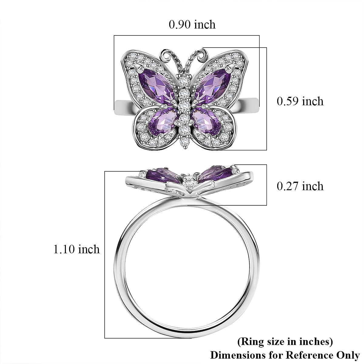 D'Joy Rose De France Amethyst and White Zircon 1.50 ctw Butterfly Ring in Platinum Over Sterling Silver (Size 5.0) image number 5