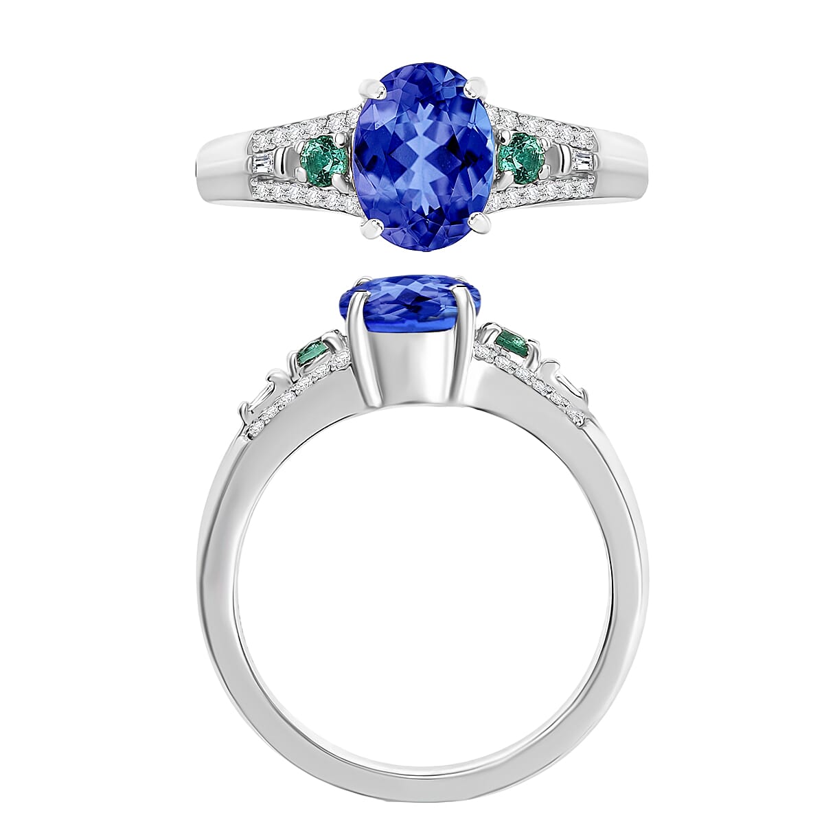 Luxoro AAA Tanzanite, Boyaca Colombian Emerald and G-H I1 Diamond 1.82 ctw Ring in 14K White Gold (Size 11.0) (Del. in 10-12 Days) image number 2