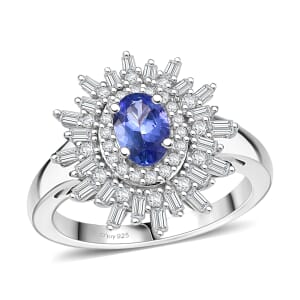 D'Joy AAA Tanzanite and White Zircon 1.65 ctw Starburst Ring in Rhodium Over Sterling Silver (Size 10.0)