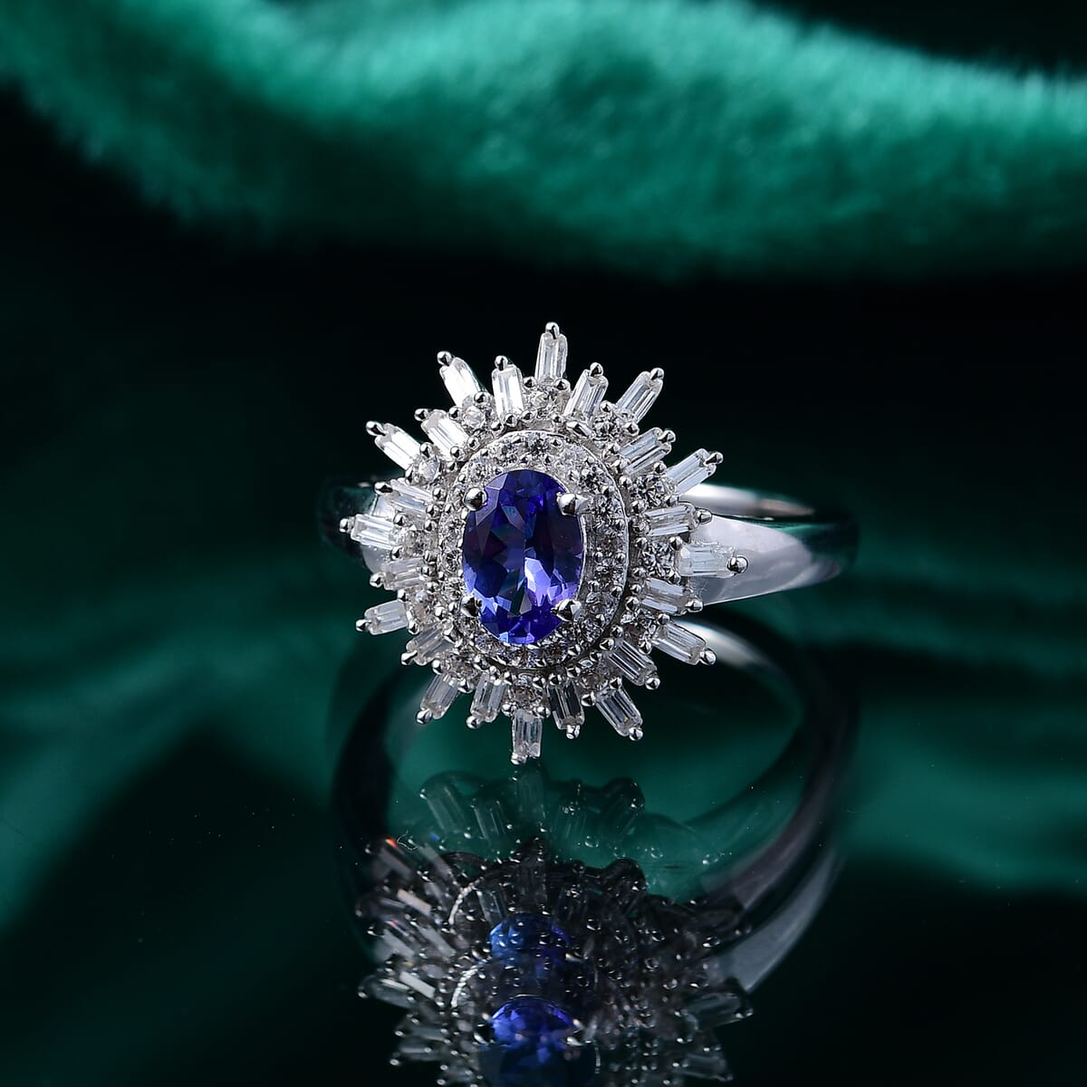 D'Joy AAA Tanzanite and White Zircon 1.65 ctw Starburst Ring in Rhodium Over Sterling Silver (Size 6.0) image number 1