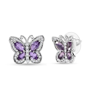 D'Joy Rose De France Amethyst and White Zircon 2.90 ctw Butterfly Earrings in Platinum Over Sterling Silver