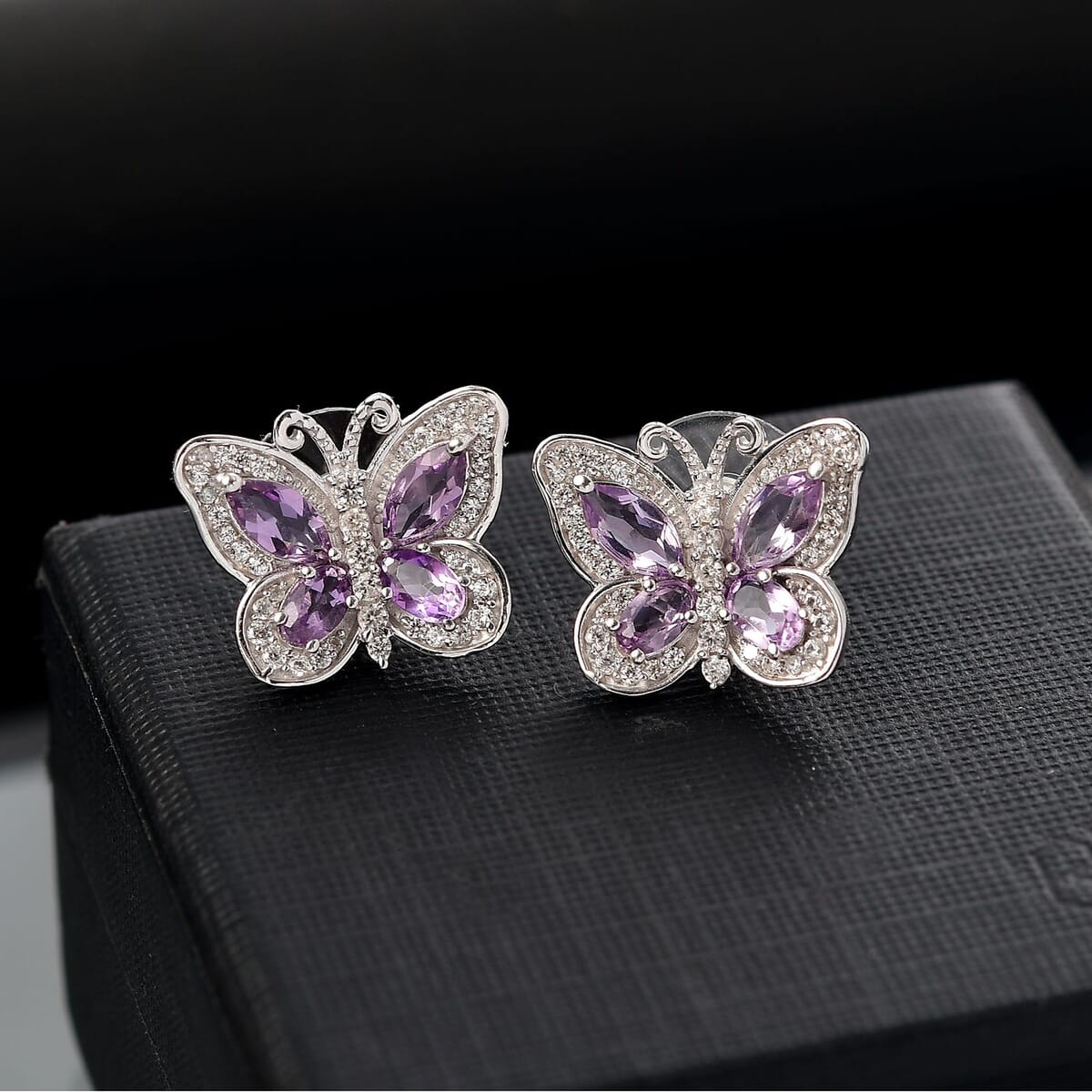 D'Joy Rose De France Amethyst and White Zircon 2.90 ctw Butterfly Earrings in Platinum Over Sterling Silver image number 1