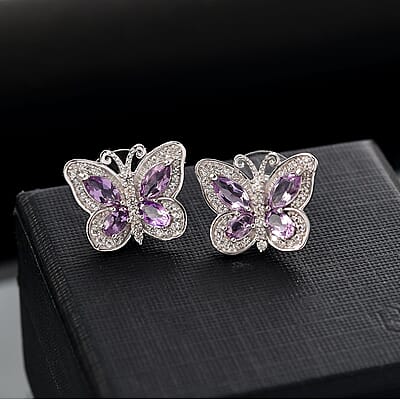 D'Joy Rose De France Amethyst and White Zircon 2.90 ctw Butterfly Earrings in Platinum Over Sterling Silver