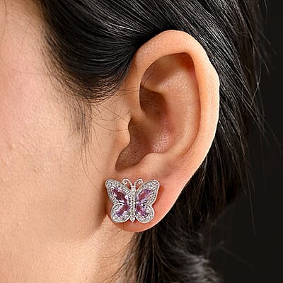 D'Joy Rose De France Amethyst and White Zircon 2.90 ctw Butterfly Earrings in Platinum Over Sterling Silver