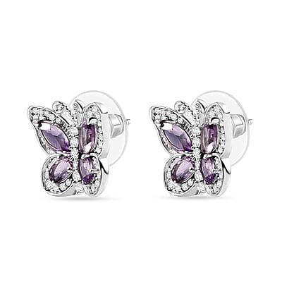 D'Joy Rose De France Amethyst and White Zircon 2.90 ctw Butterfly Earrings in Platinum Over Sterling Silver