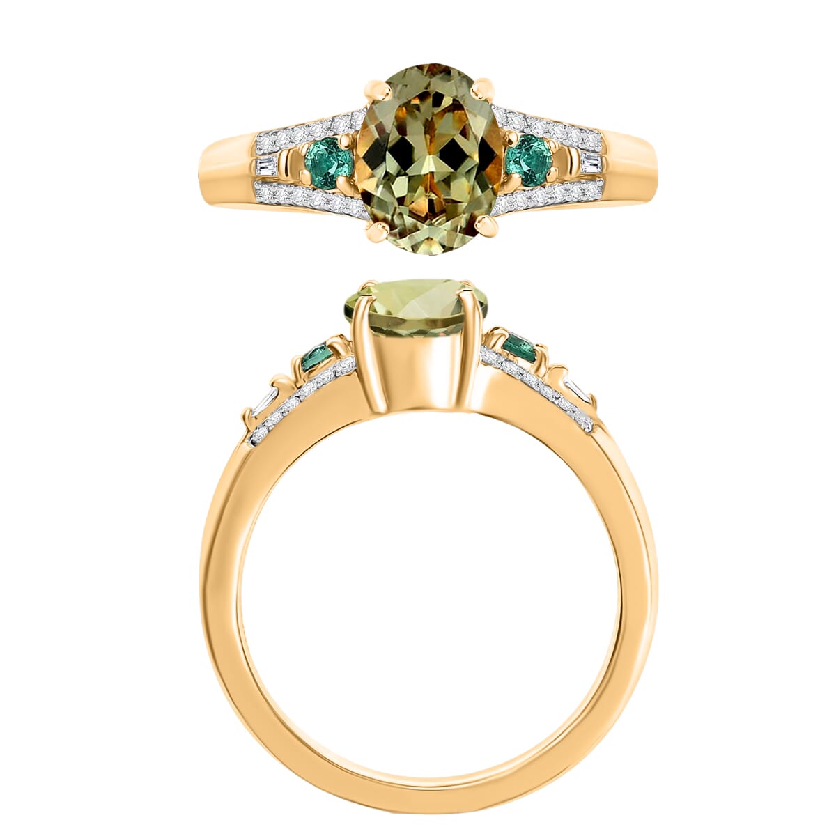 Luxoro AAA Turkizite, Boyaca Colombian Emerald and G-H I1 Diamond 1.82 ctw Ring in 14K Yellow Gold (Size 11.0) image number 3