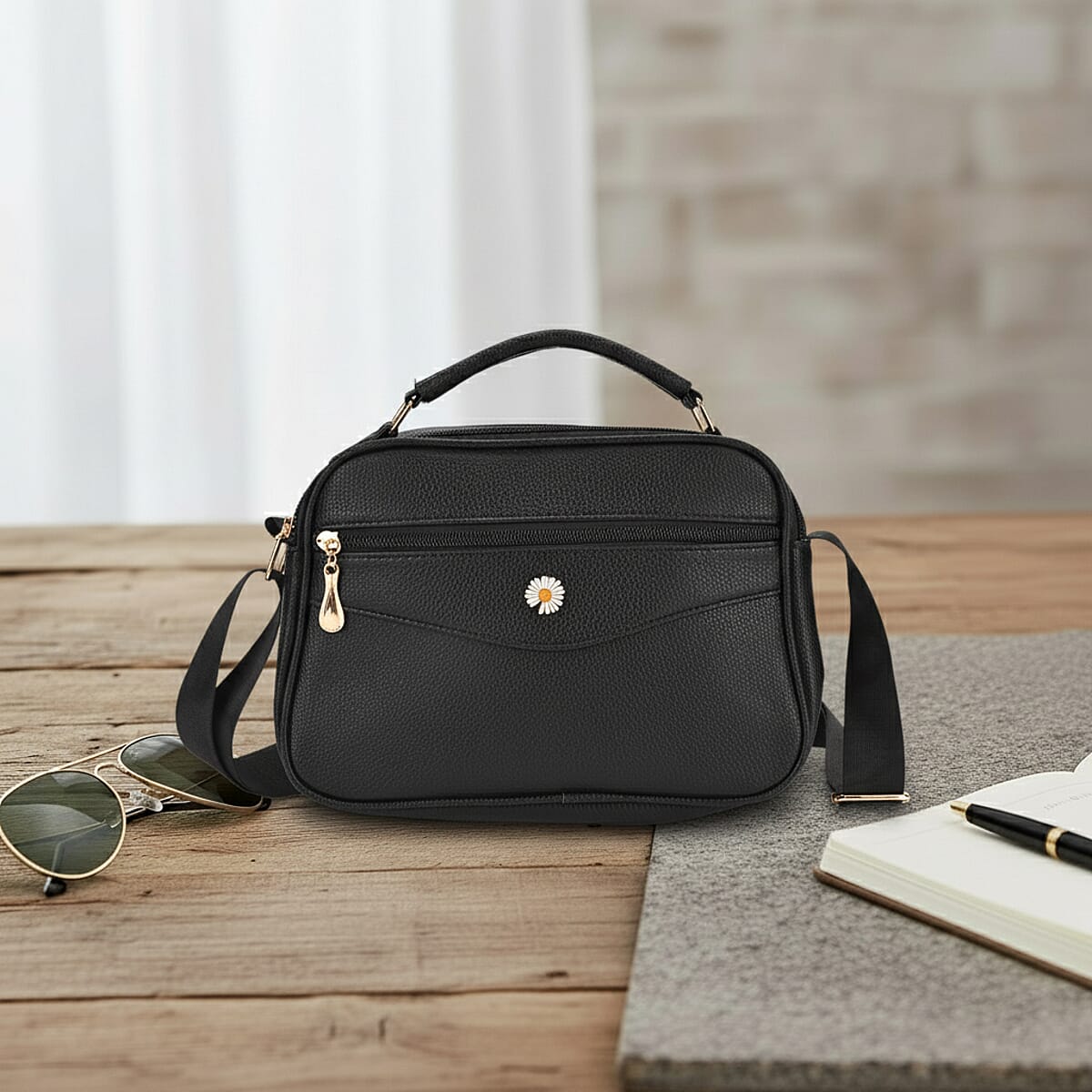 Black Faux Leather Multi Pocket Crossbody Bag image number 1