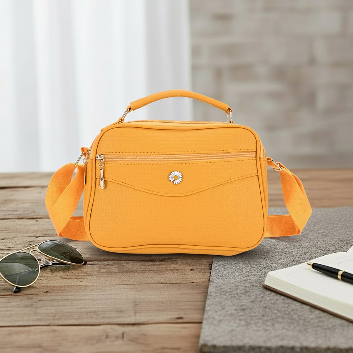 Yellow Faux Leather Multi Pocket Crossbody Bag image number 1