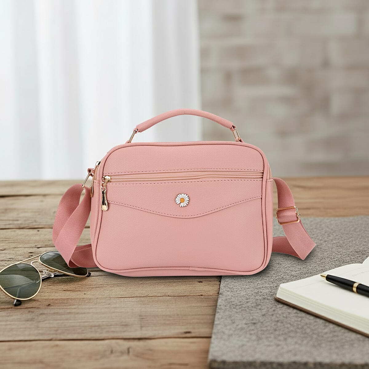 Pink Faux Leather Multi Pocket Crossbody Bag image number 1