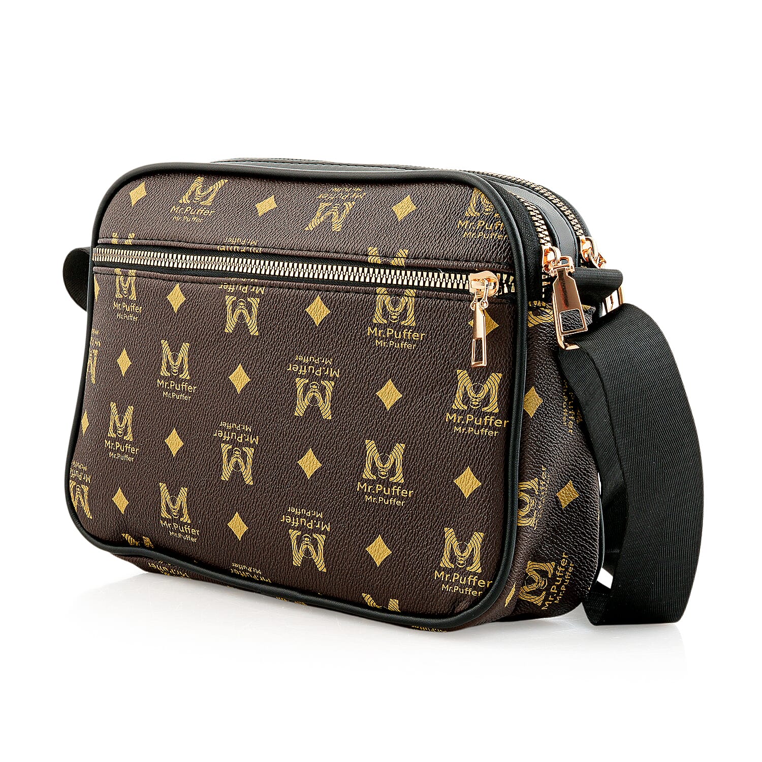 Warehouse Blowout Deal La Marey Brown M Pattern Faux Leather Crossbody Bag with Adjustable Shoulder Strap
