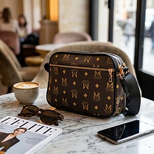 Warehouse Blowout Deal La Marey Brown M Pattern Faux Leather Crossbody Bag with Adjustable Shoulder Strap