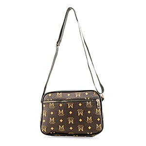 Warehouse Blowout Deal La Marey Brown M Pattern Faux Leather Crossbody Bag with Adjustable Shoulder Strap