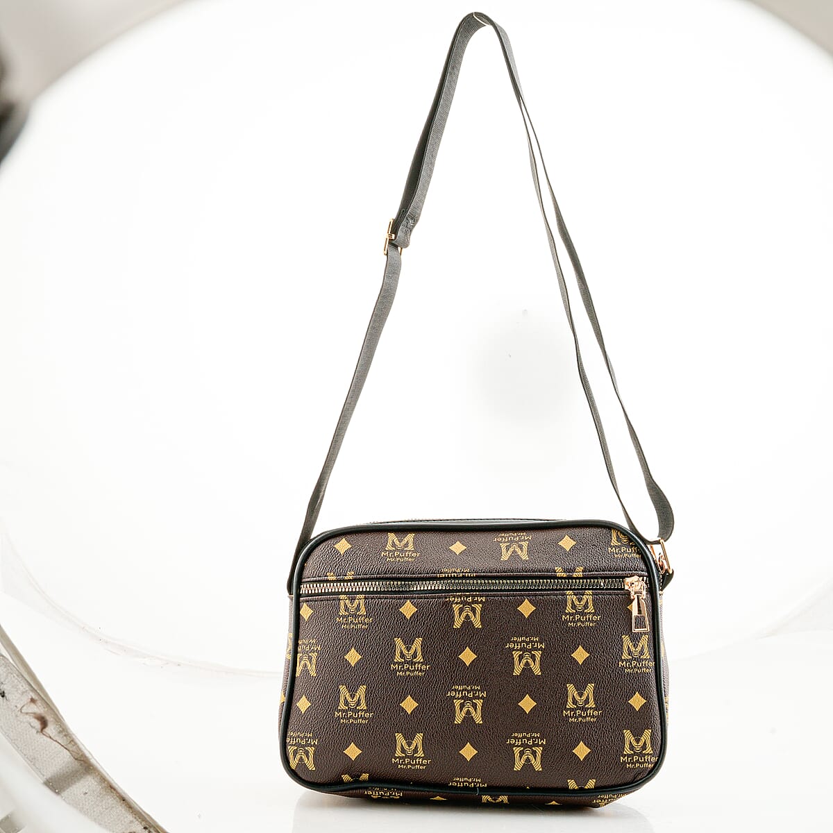 Warehouse Blowout Deal La Marey Brown M Pattern Faux Leather Crossbody Bag with Adjustable Shoulder Strap image number 7