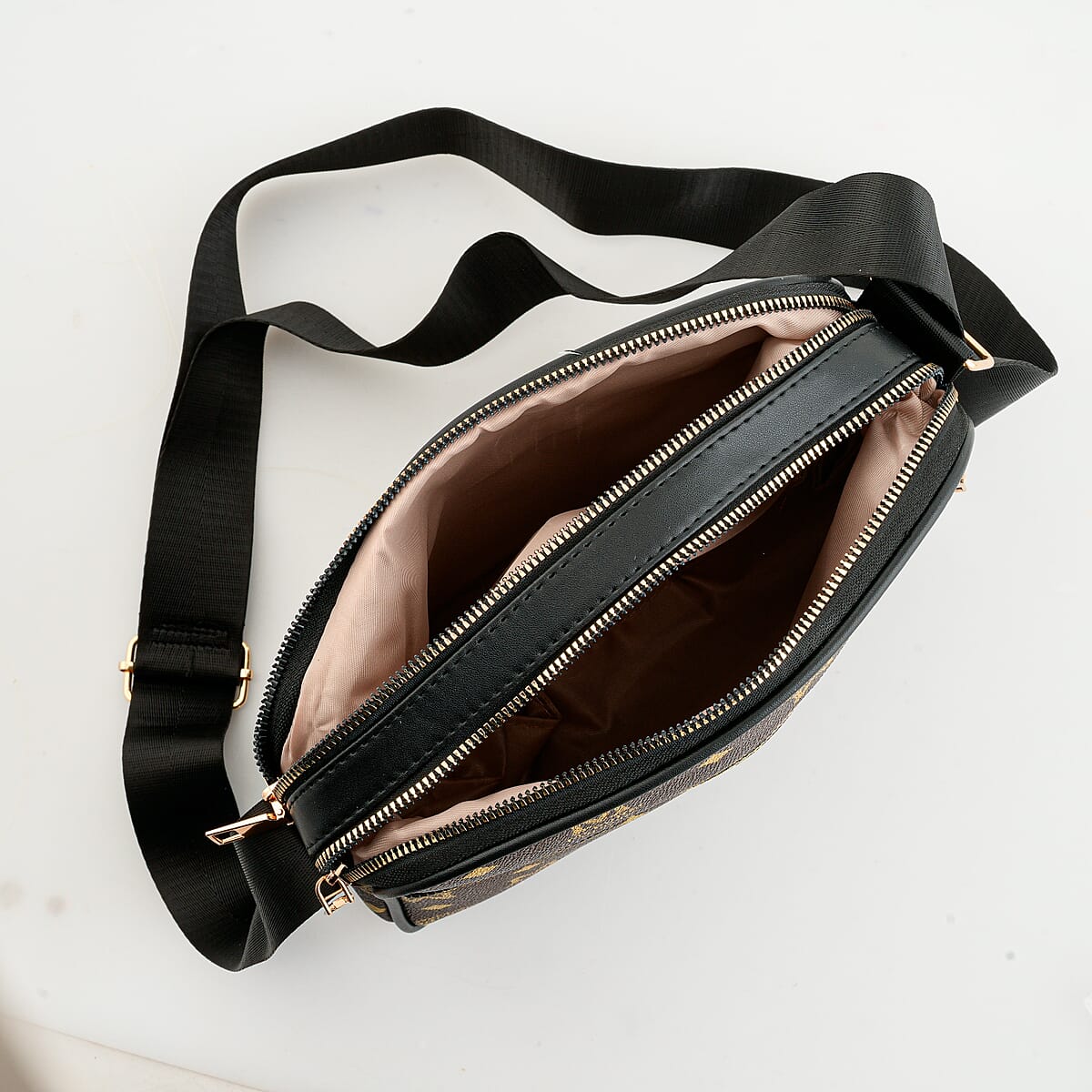 Warehouse Blowout Deal La Marey Brown M Pattern Faux Leather Crossbody Bag with Adjustable Shoulder Strap image number 8