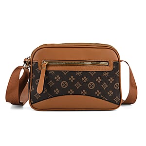 Warehouse Blowout Deal La Marey Brown Four Leaf Clover Pattern Faux Leather Crossbody Bag with Adjustable Shoulder Strap