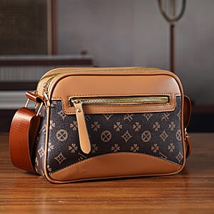 Warehouse Blowout Deal La Marey Brown Four Leaf Clover Pattern Faux Leather Crossbody Bag with Adjustable Shoulder Strap