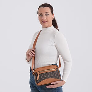 Warehouse Blowout Deal La Marey Brown Four Leaf Clover Pattern Faux Leather Crossbody Bag with Adjustable Shoulder Strap