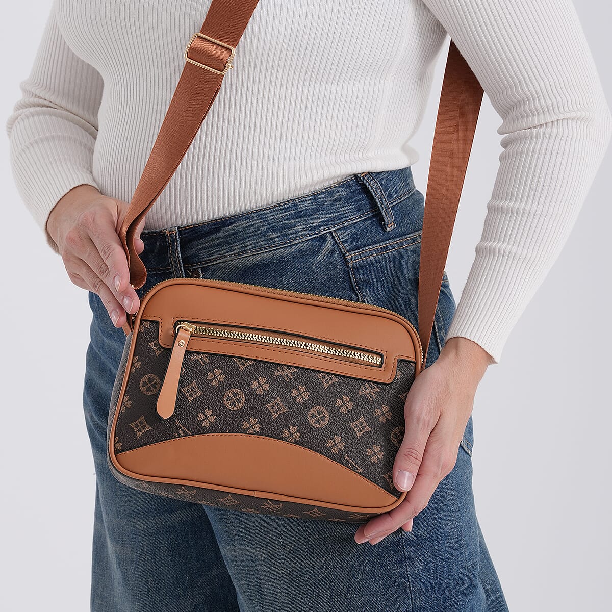 Warehouse Blowout Deal La Marey Brown Four Leaf Clover Pattern Faux Leather Crossbody Bag with Adjustable Shoulder Strap image number 3