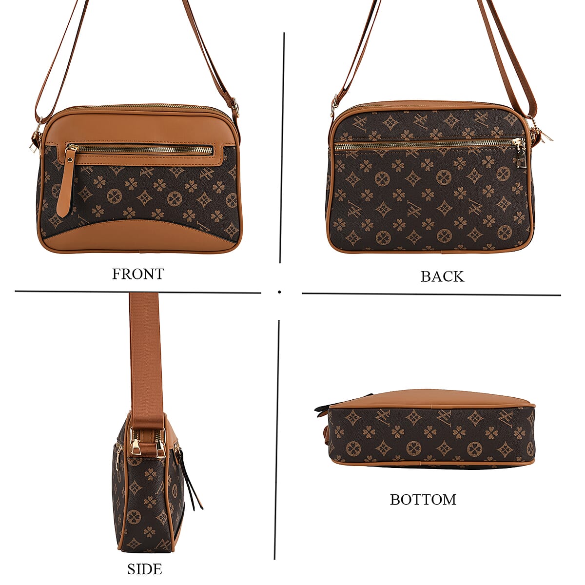 Warehouse Blowout Deal La Marey Brown Four Leaf Clover Pattern Faux Leather Crossbody Bag with Adjustable Shoulder Strap image number 4