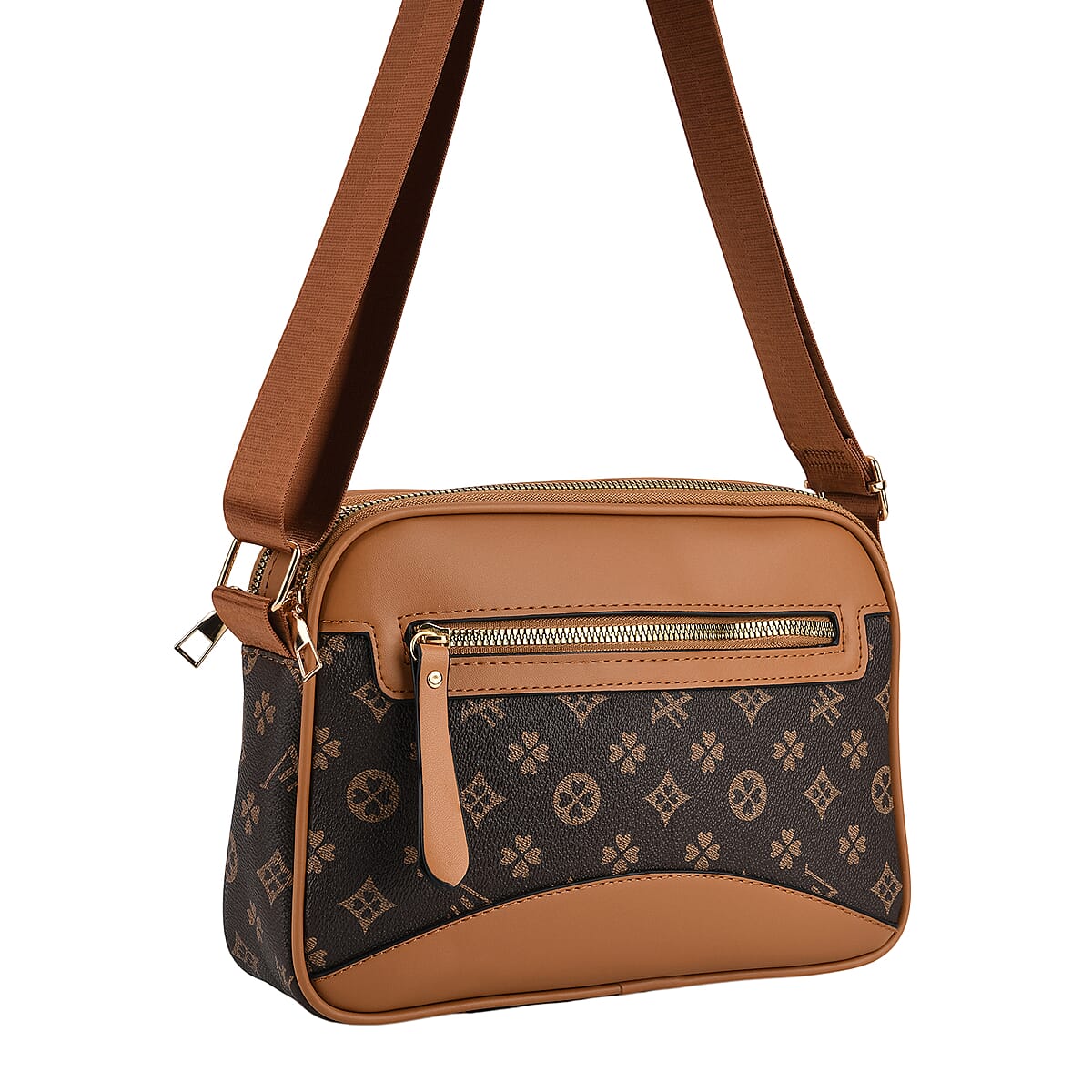Warehouse Blowout Deal La Marey Brown Four Leaf Clover Pattern Faux Leather Crossbody Bag with Adjustable Shoulder Strap image number 7