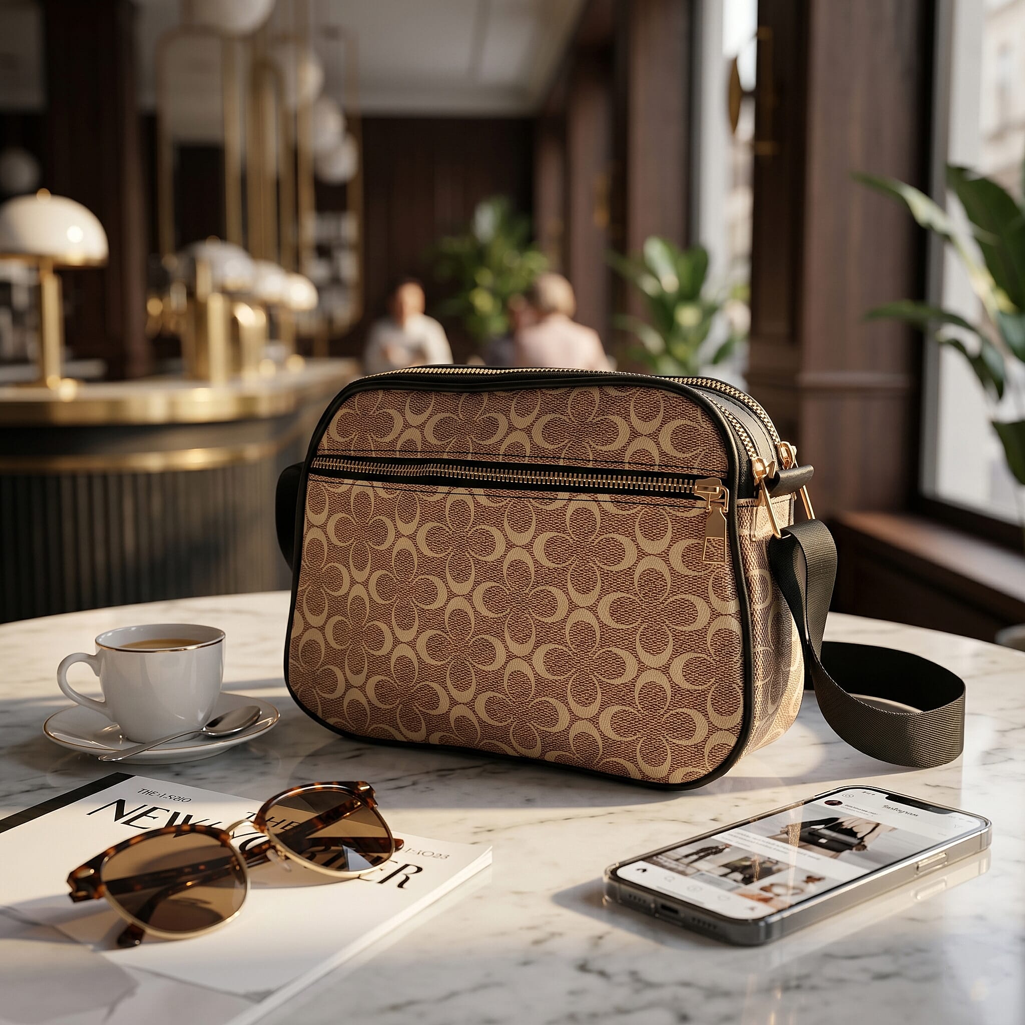Warehouse Blowout Deal La Marey Khaki Double C Pattern Faux Leather Crossbody Bag with Adjustable Shoulder Strap