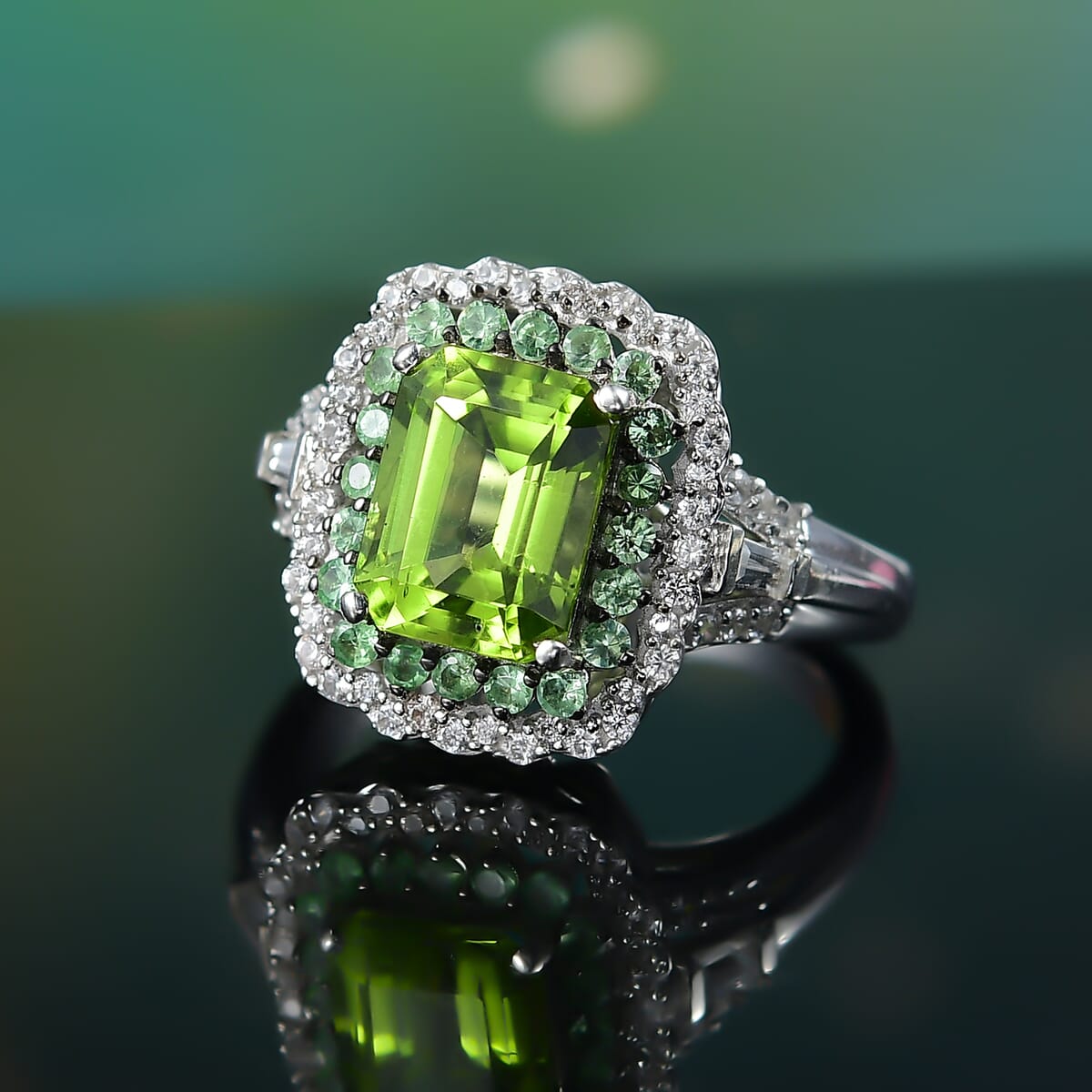 D'Joy Hebei Peridot and Multi Gemstone 3.60 ctw Water Ripples Ring in Rhodium Over Sterling Silver (Size 10.0) image number 1