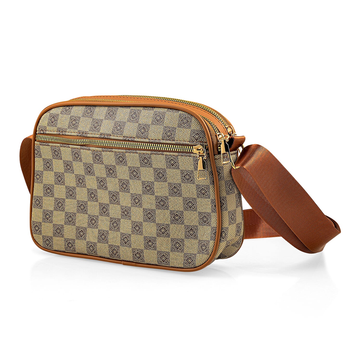 La Marey Beige Rhomboid Pattern Faux Leather Crossbody Bag with Adjustable Shoulder Strap