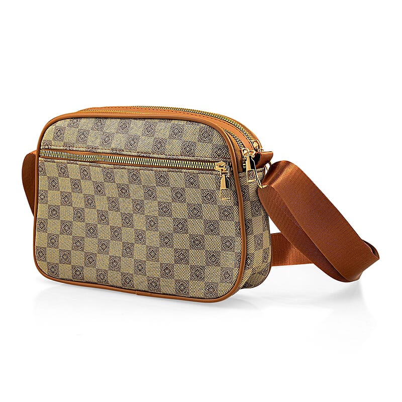 La Marey Beige Rhomboid Pattern Faux Leather Crossbody Bag with Adjustable Shoulder Strap