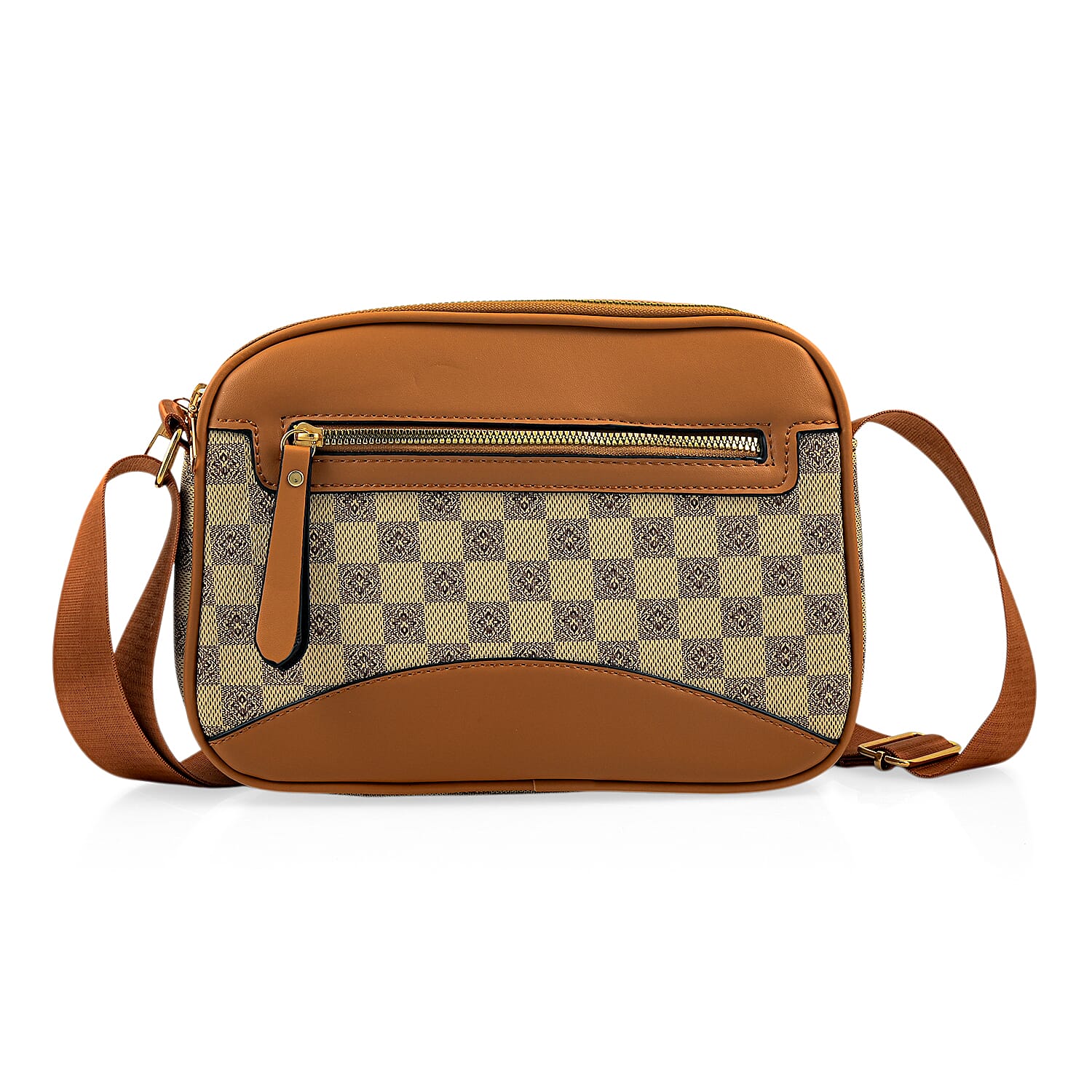 La Marey Beige Rhomboid Pattern Faux Leather Crossbody Bag with Adjustable Shoulder Strap