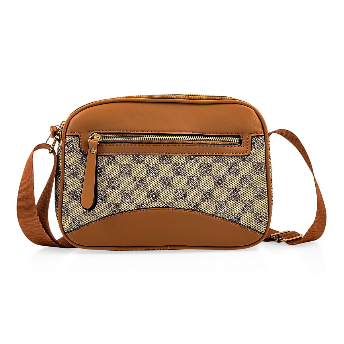 La Marey Beige Rhomboid Pattern Faux Leather Crossbody Bag with Adjustable Shoulder Strap image number 2