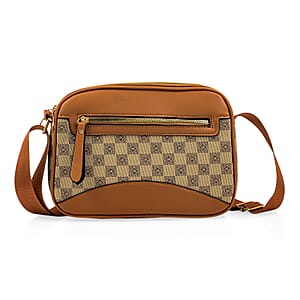 La Marey Beige Rhomboid Pattern Faux Leather Crossbody Bag with Adjustable Shoulder Strap