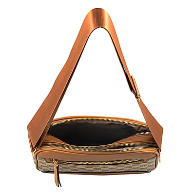 La Marey Beige Rhomboid Pattern Faux Leather Crossbody Bag with Adjustable Shoulder Strap