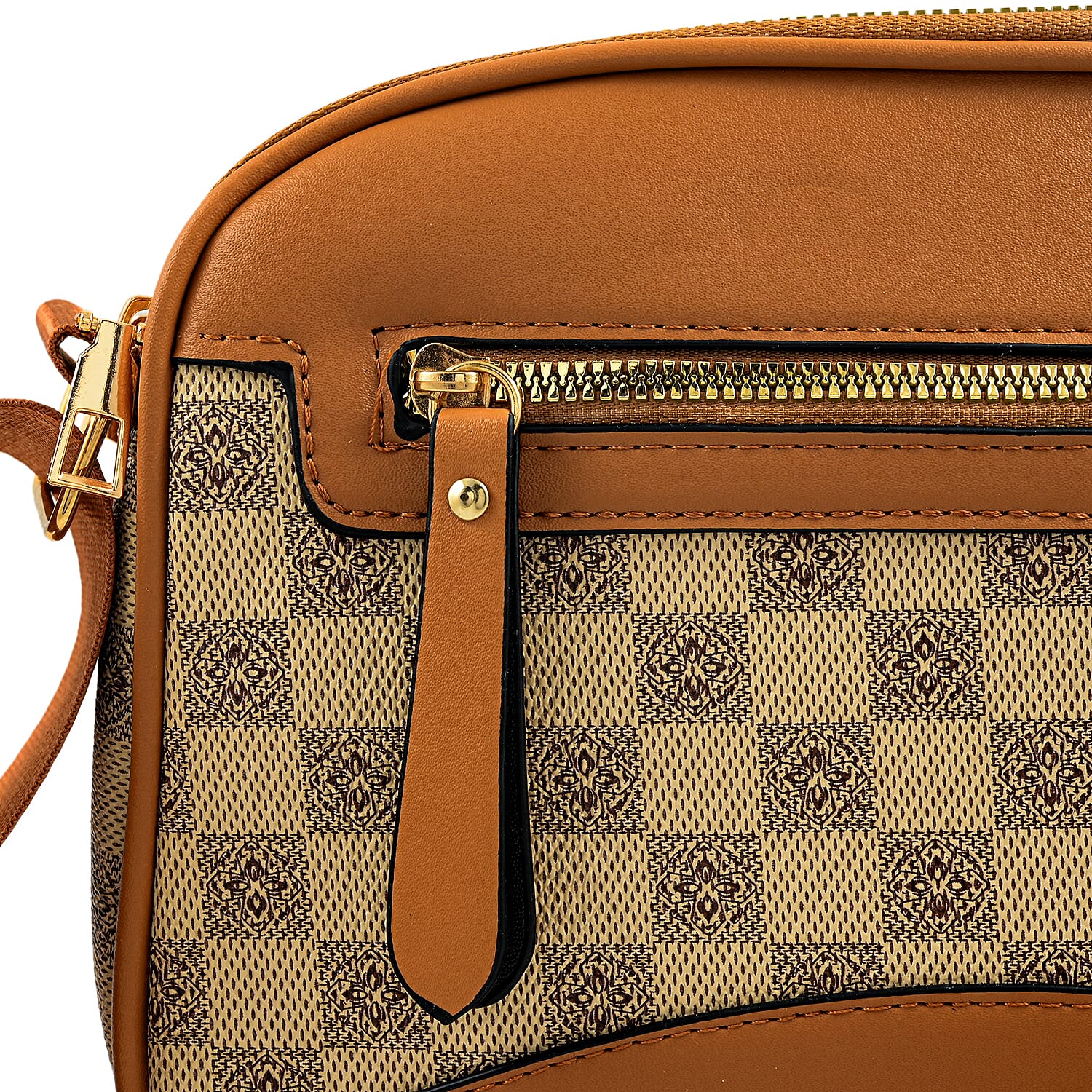 La Marey Beige Rhomboid Pattern Faux Leather Crossbody Bag with Adjustable Shoulder Strap