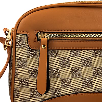 La Marey Beige Rhomboid Pattern Faux Leather Crossbody Bag with Adjustable Shoulder Strap