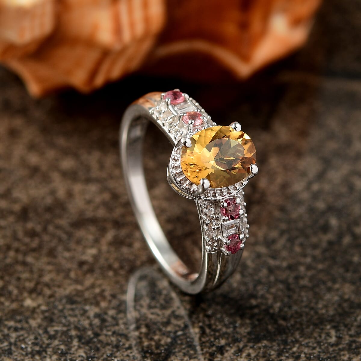 D'Joy Mocha Scapolite and Multi Gemstone 1.40 ctw Ring in Rhodium Over Sterling Silver (Size 10.0) image number 1