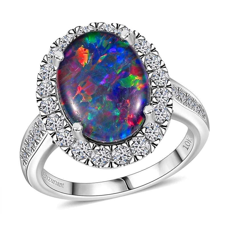 Premium Australian Black Ridge Opal Triplet and G-H SI Luxuriant Lab Grown Diamond 4.34 ctw Halo Ring in 10K White Gold (Size 10.0) 4.38 Grams