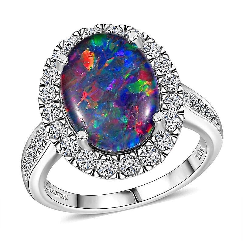 Premium Australian Black Ridge Opal Triplet and G-H SI Luxuriant Lab Grown Diamond 4.34 ctw Halo Ring in 10K White Gold (Size 10.0) 4.38 Grams