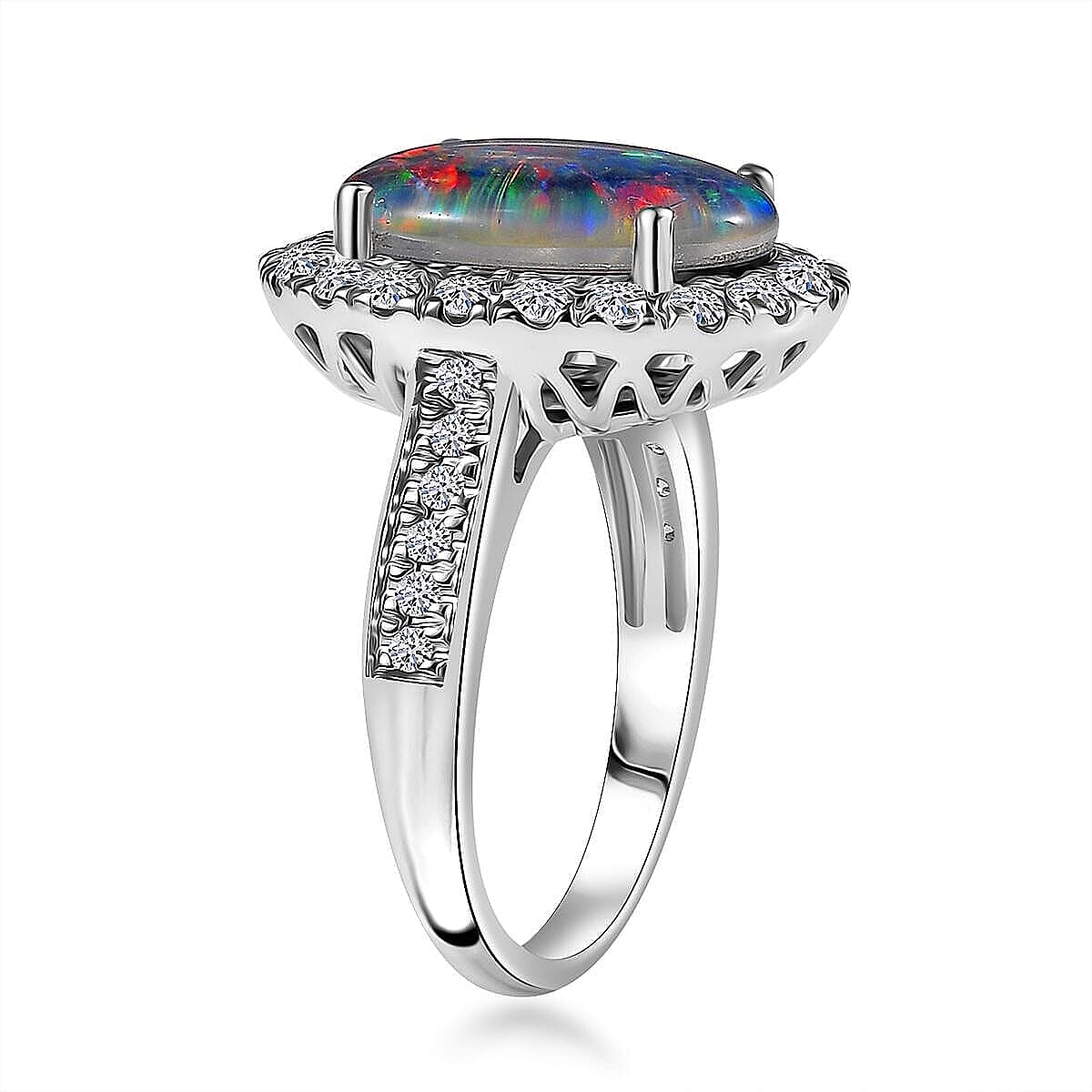 Premium Australian Black Ridge Opal Triplet and G-H SI Luxuriant Lab Grown Diamond 4.34 ctw Halo Ring in 10K White Gold (Size 10.0) 4.38 Grams