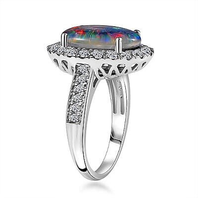 Premium Australian Black Ridge Opal Triplet and G-H SI Luxuriant Lab Grown Diamond 4.34 ctw Halo Ring in 10K White Gold (Size 10.0) 4.38 Grams