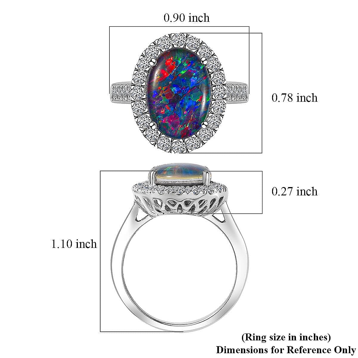 Premium Australian Black Ridge Opal Triplet and G-H SI Luxuriant Lab Grown Diamond 4.34 ctw Halo Ring in 10K White Gold (Size 10.0) 4.38 Grams