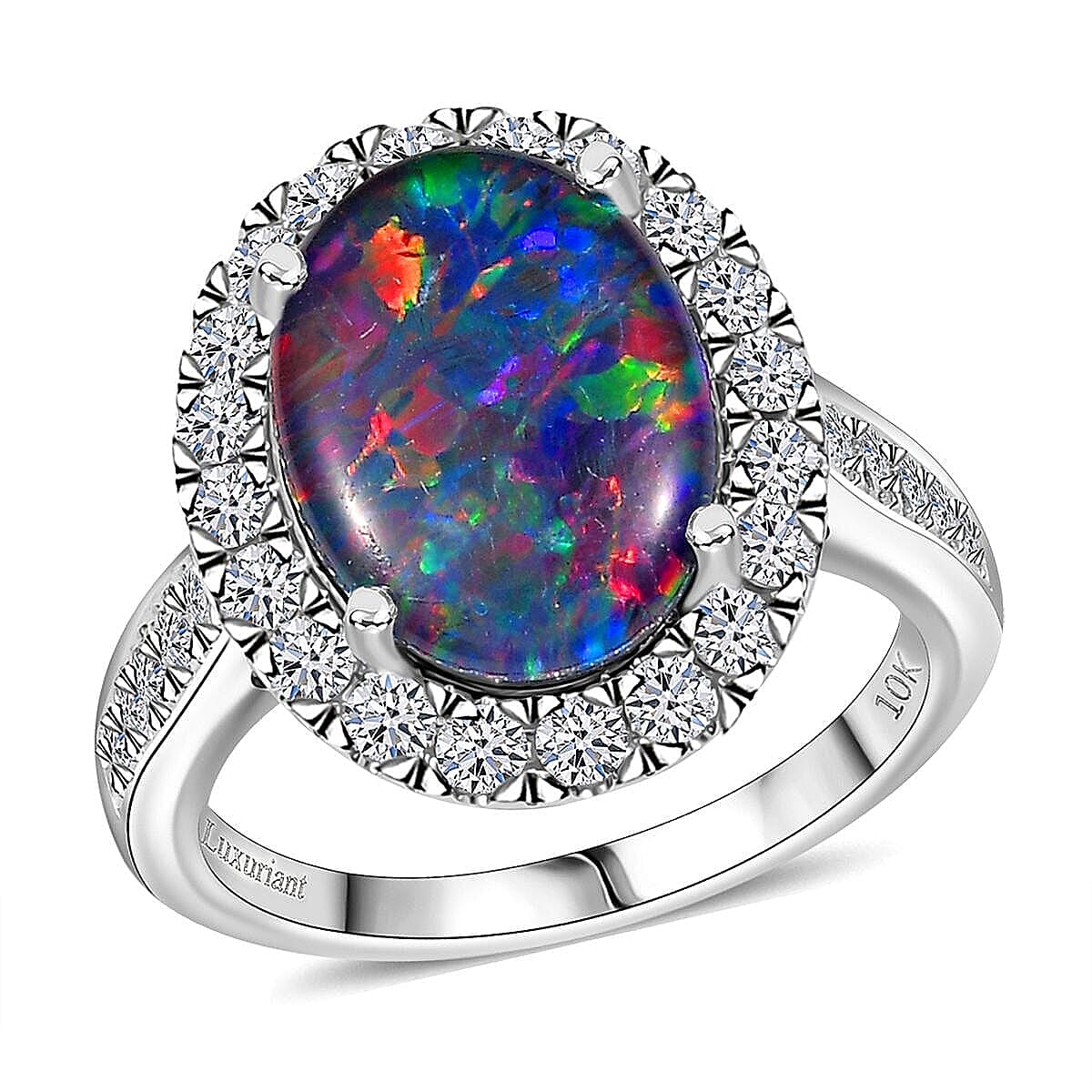 Certified & Appraised Premium Elysian Opal (Triplet) and G-H SI Luxuriant Lab Grown Diamond 4.34 ctw Halo Ring in 10K White Gold (Size 5.0) 4.38 Grams image number 0