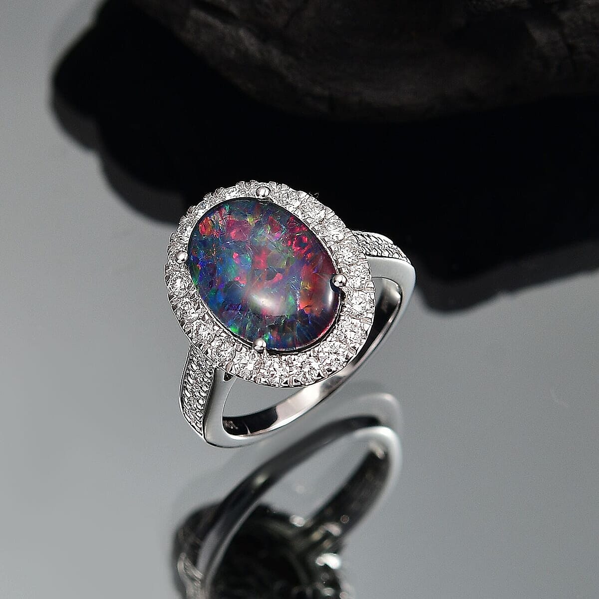 Certified & Appraised Premium Elysian Opal (Triplet) and G-H SI Luxuriant Lab Grown Diamond 4.34 ctw Halo Ring in 10K White Gold (Size 5.0) 4.38 Grams image number 1