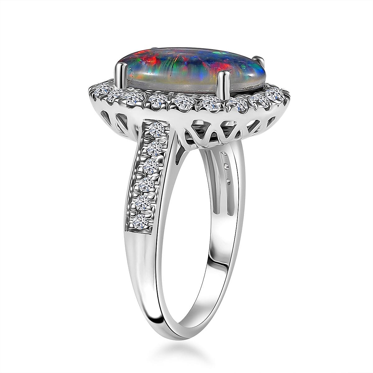 Certified & Appraised Premium Elysian Opal (Triplet) and G-H SI Luxuriant Lab Grown Diamond 4.34 ctw Halo Ring in 10K White Gold (Size 6.0) 4.38 Grams image number 3