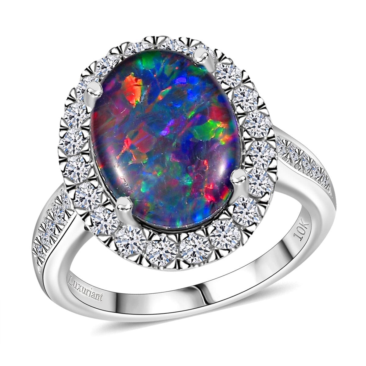 Certified & Appraised Premium Elysian Opal (Triplet) and G-H SI Luxuriant Lab Grown Diamond 4.34 ctw Halo Ring in 10K White Gold (Size 7.0) 4.38 Grams image number 0