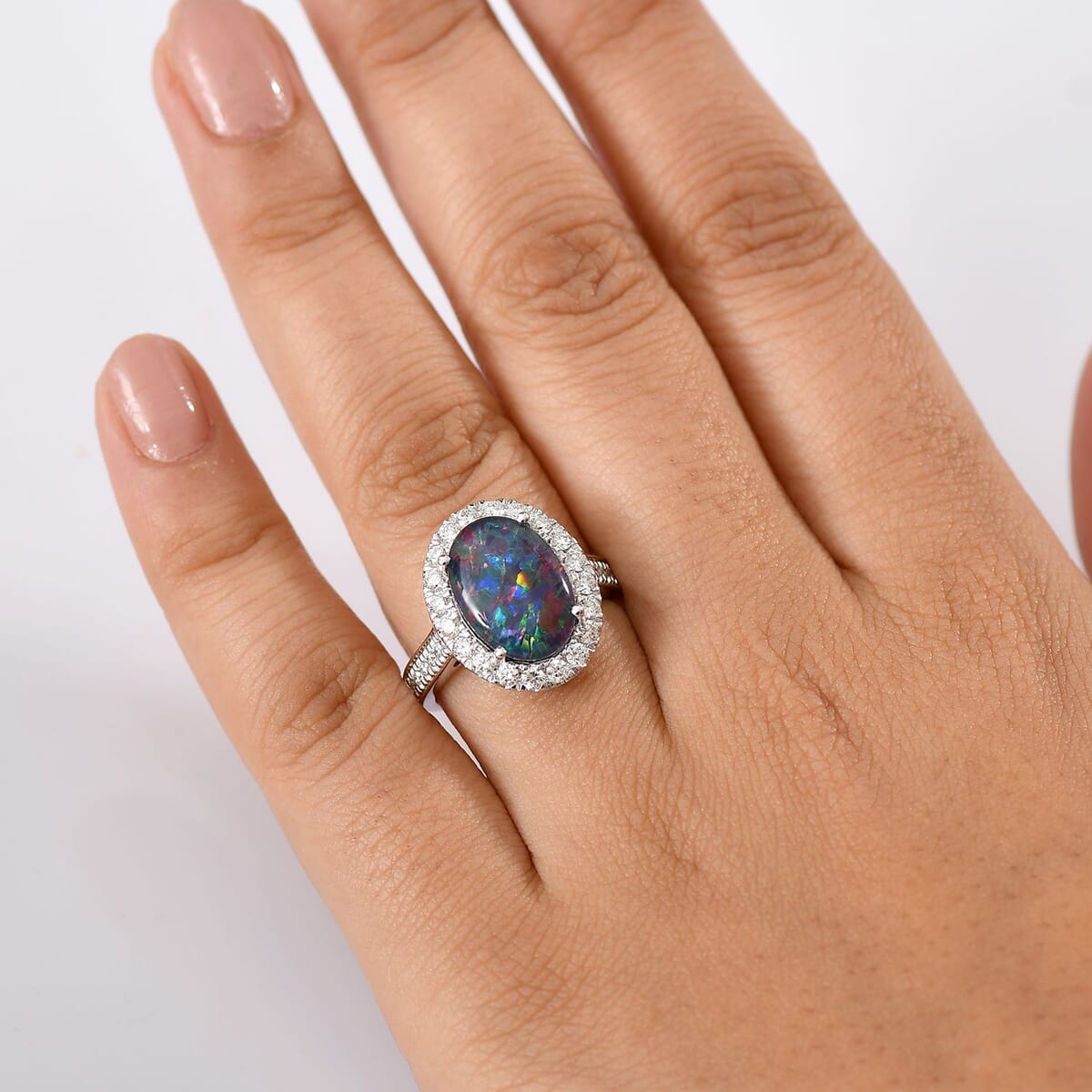 Certified & Appraised Premium Elysian Opal (Triplet) and G-H SI Luxuriant Lab Grown Diamond 4.34 ctw Halo Ring in 10K White Gold (Size 7.0) 4.38 Grams image number 2